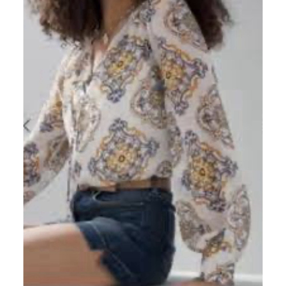 WHBM Floral Capri Blouse XS White Yellow Artsy Tank Lining Balloon Sleeve City